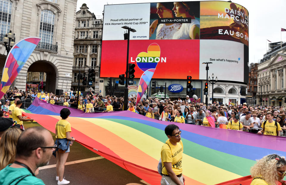 The Pride in London 2019 Parade passes through Piccadilly Circus. (Photo credit should read Matthew Chattle / Barcroft Media / Barcroft Media via Getty Images)