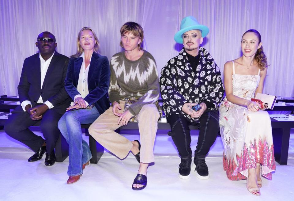 Edward Enninful, Kate Moss, Jordan Barrett, Boy George, and Olga Kurylenko before the London Fashion Week 2021 Richard Quinn show (PA)