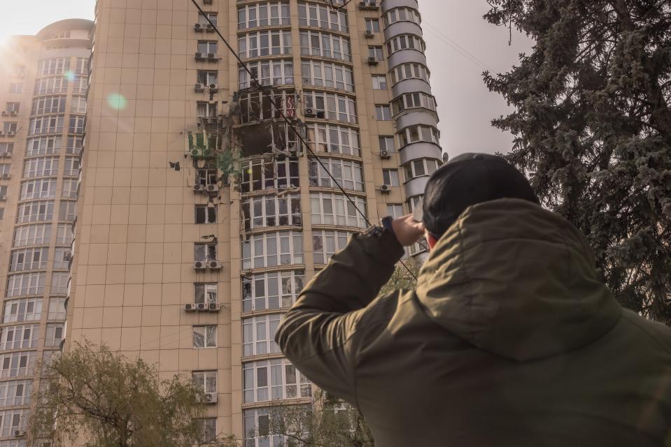 An intercepted drone caused damage to a residential block in Kyiv (Getty)