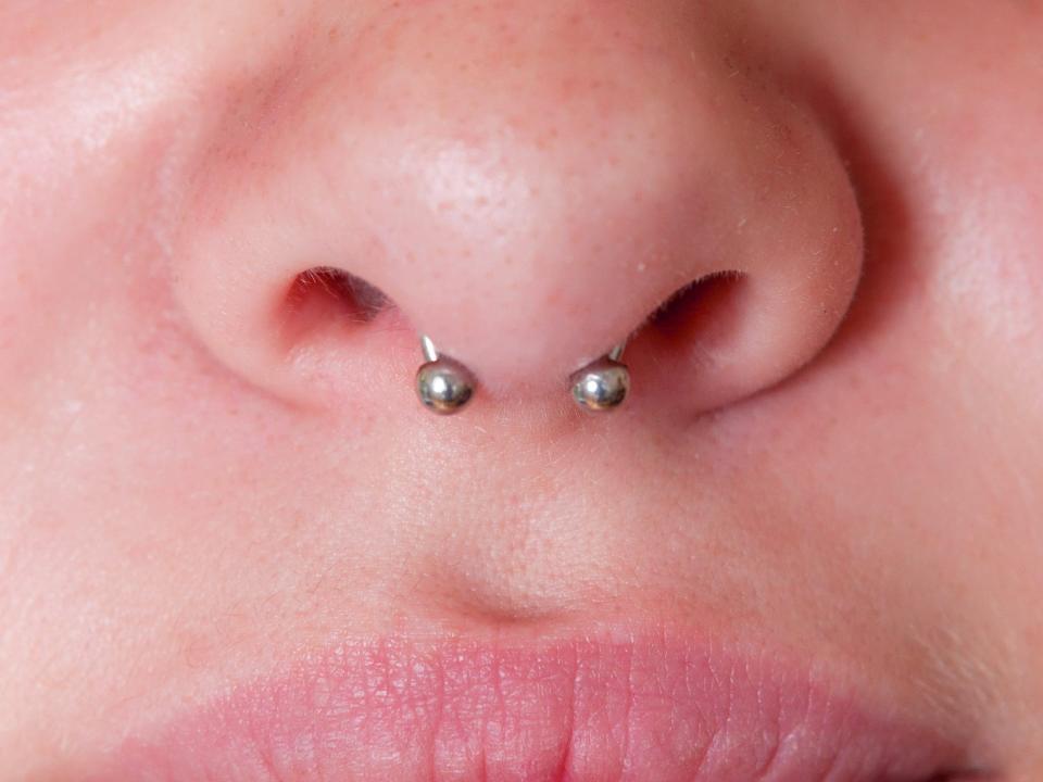silver septum piercing in someones nose