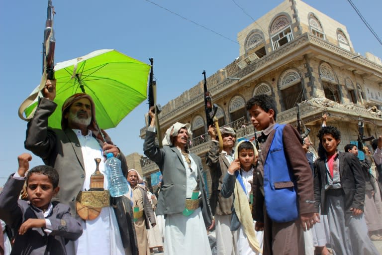 Supporters of the Yemeni rebels demonstrate in their stronghold Saada on September 5, 2018 against an August air strike by the Saudi-led coalition which killed 51 people, 40 of them children