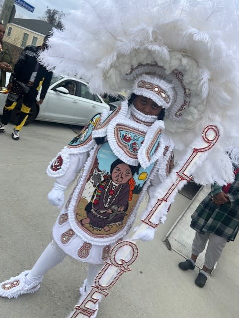 The Comanche Hunters Mardi Gras Indian Gang parades on Tuesday, Feb. 13, 2024. (WGNO/LBJ)
