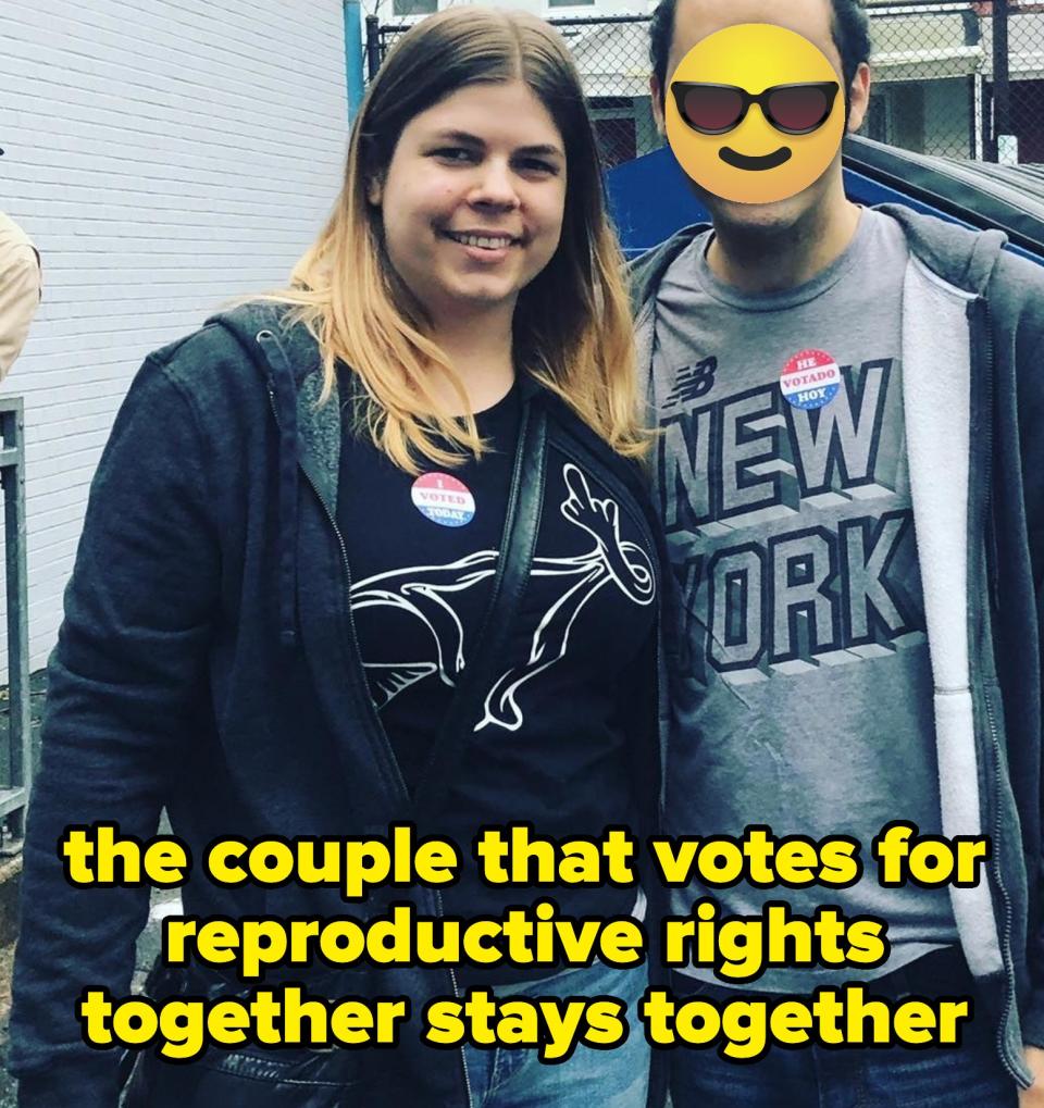 author and her husband, with an emoji covering his face and the text, the couple that votes for reproductive rights together stays together