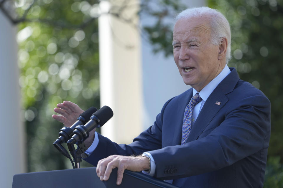 President Joe Biden speaks in the Rose Garden of the White House in Washington, Wednesday, Oct. 11, 2023, about efforts to eliminate hidden junk fees. The Federal Trade Commission on Wednesday proposed a rule to ban any hidden and bogus junk fees, which can mask the total cost of concert tickets, hotel rooms and utility bills. (AP Photo/Susan Walsh)