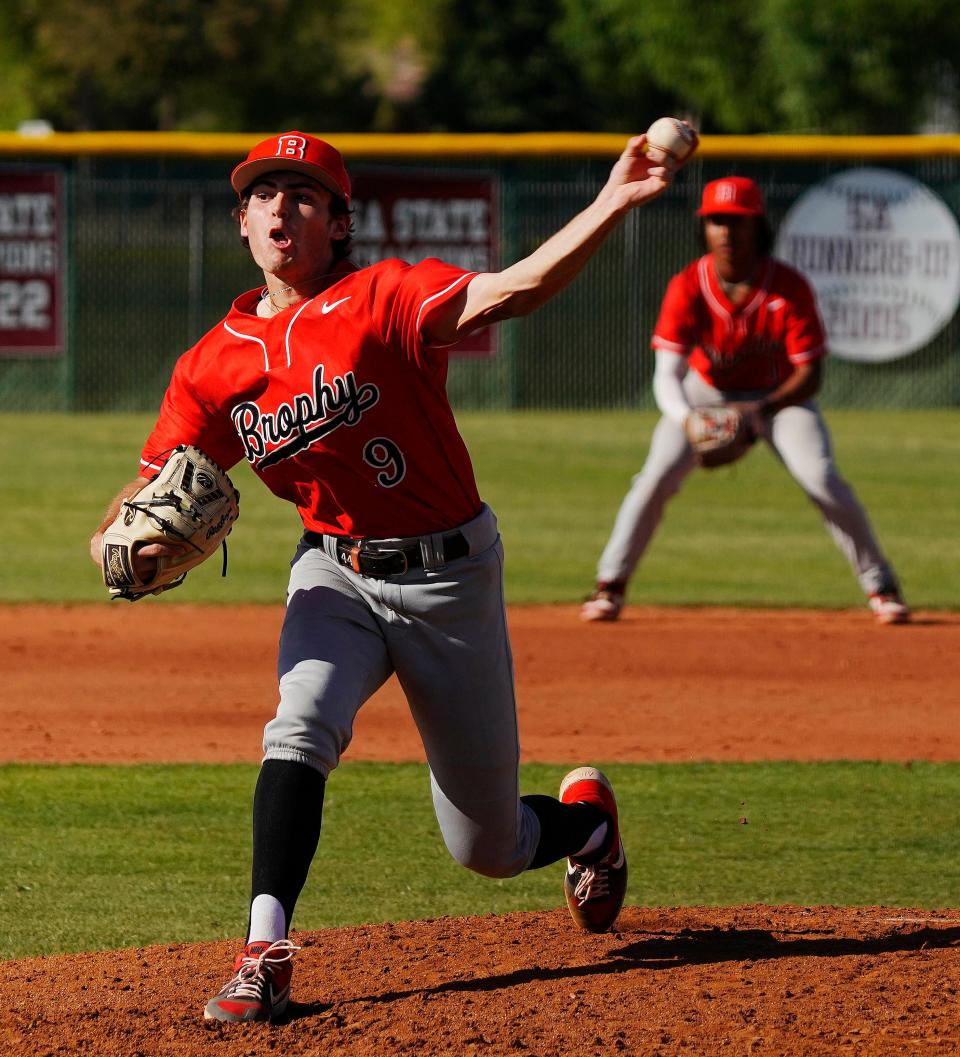 Brophy Prep pitcher Johnny Casale (9) pitches against Hamilton during a game at Hamilton High School in Chandler, Ariz., on April 19, 2024.