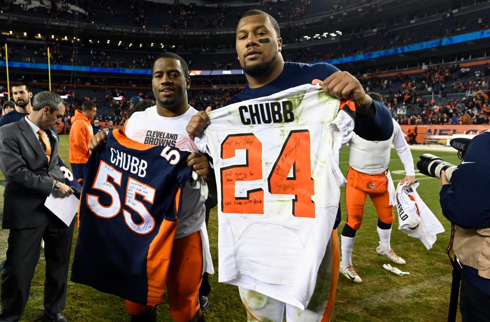 Browns running back Nick Chubb (left) and cousin Bradley Chubb exchanged jerseys after the Browns and Broncos met in December 2018 in Denver.