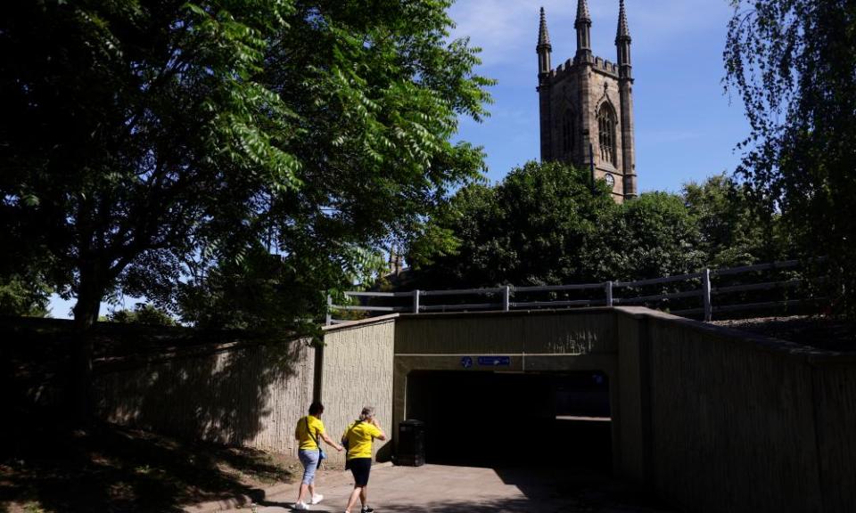 Sweden fans in the shadow of St Mary’s Church in Sheffield en route to Bramall Lane during last year’s Women’s Euros