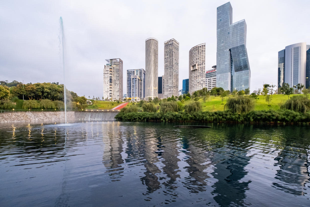 Mexico City, Mexico - September 22, 2019 - The Santa Fe section of Mexico City is one of the business centers of the city as well as a high-end residential sector. La Mexicana Park, where these photographs were taken from, was inaugurated in 2017.