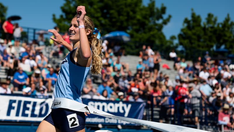 Westlake’s Shelby Jensen takes first place in the 6A girls 3,200-meter finals at the Utah high school track and field championships at BYU in Provo on Thursday, May 18, 2023.