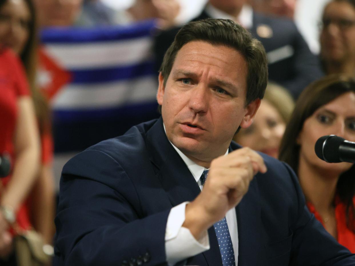 Florida Gov. Ron DeSantis takes part in a roundtable discussion about the uprising in Cuba at the American Museum of the Cuba Diaspora on July 13, 2021 in Miami, Florida. Thousands of people took to the streets in Cuba on Sunday to protest against the government. ( (Getty Images)