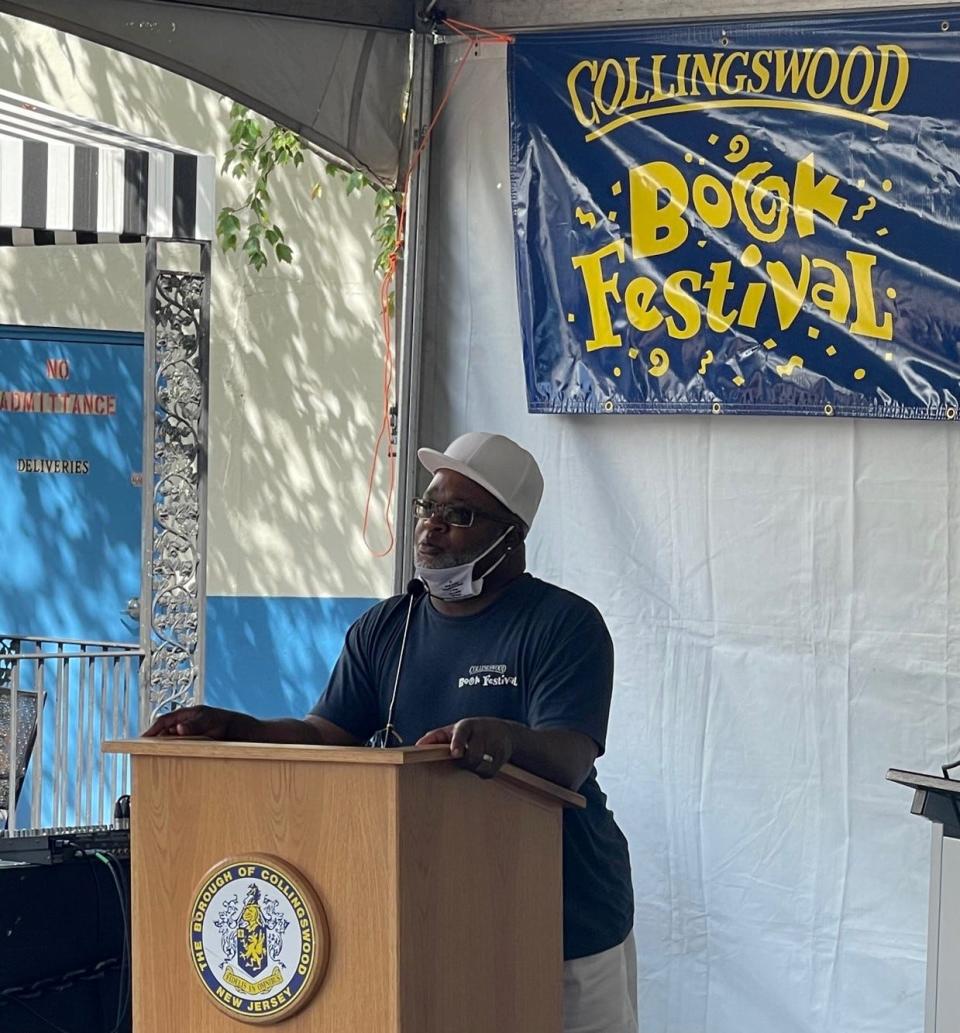 Willingboro's Todd Evans read from his book 'A Rose for Ruby' at the 2021 Collingswood Book Festival. Evans, who started the Willingboro Open Mic night a decade ago, wrote the book for his 'aunt' Ruby Massari, who died in 2020. She was an older white woman, who played a pivotal role in Evans' life and development.