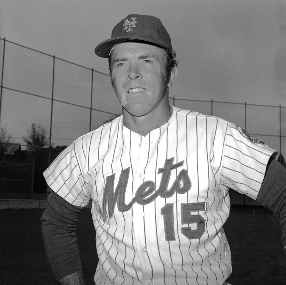 FILE - New York Mets catcher Jerry Grote is seen at spring training camp in St. Petersburg, Fla., in March 1977. Grote, the catcher who helped transform the New York Mets from a perennial loser into the 1969 World Series champion, died Sunday, April 7, 2024. (AP Photo/Harry Harris, File)