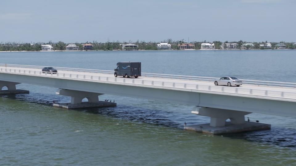 An Amazon delivery truck crosses the Sanibel Causeway.