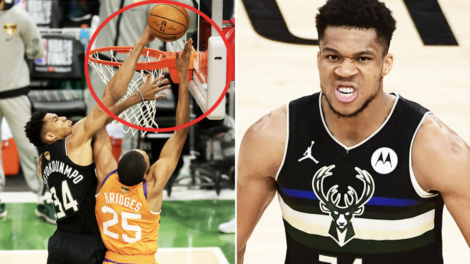 Giannis Antetokounmpo, pictured here making some insane history in Game 6 for the Milwaukee Bucks.