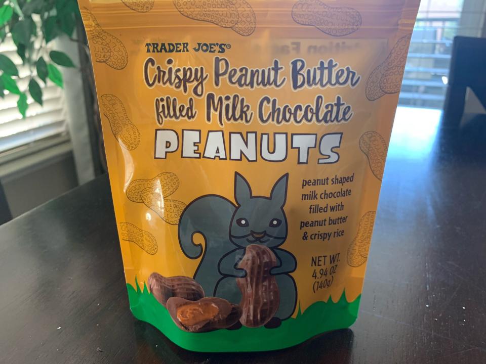 orange bag of trader joe's peanut butter and chocolate peanuts