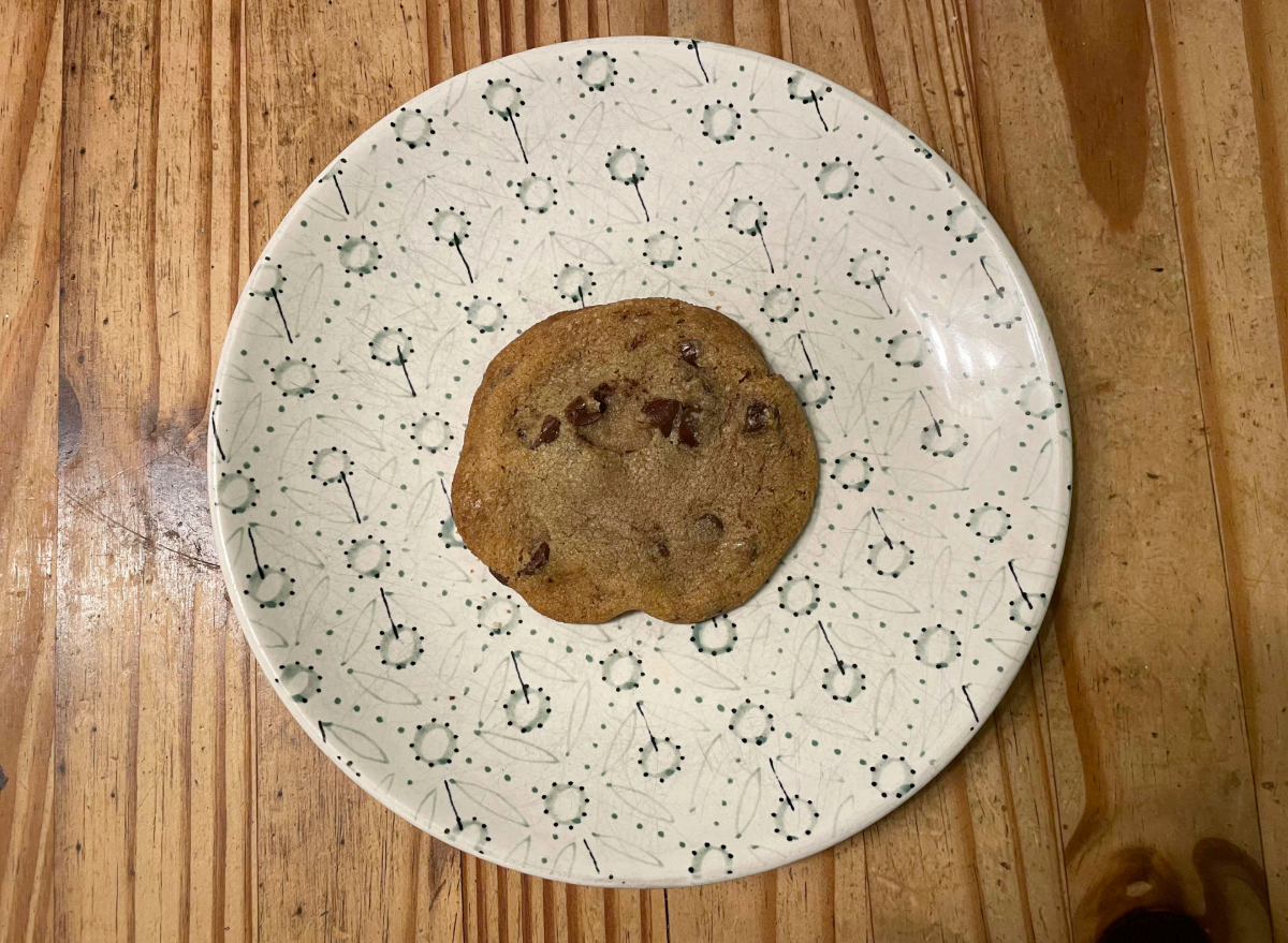 miss jones brand cookie on a printed plate. 