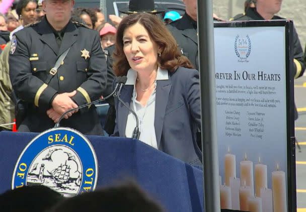 PHOTO: New York Gov. Kathy Hochul speaks to a crowd gathered for a ceremony on Sunday, May 14, 2023, outside the Tops supermarket on Jefferson Avenue in Buffalo, New York, to commemorate one year since a white supremacist killed 10 Black people there. (WKBW)