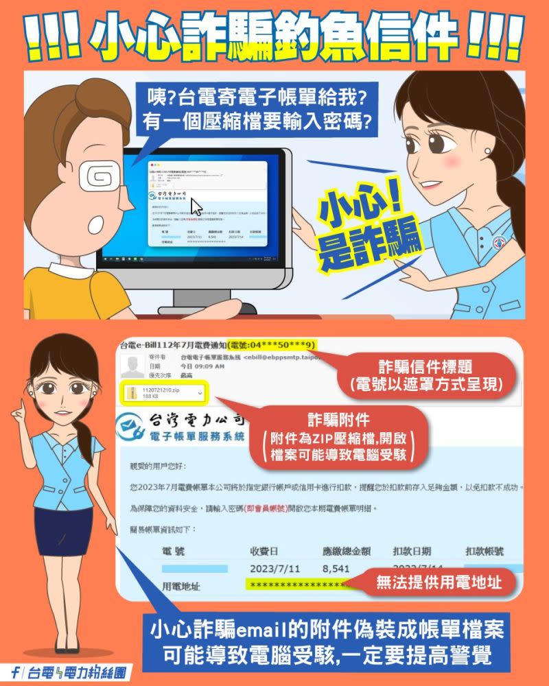 ▲偽裝成電費帳單的詐騙e-mail，會要求民眾輸入密碼，並將有害程式檔偽裝成帳單檔案。（圖／電力粉絲團）