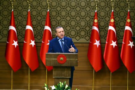 Turkish President Tayyip Erdogan makes a speech during his meeting with mukhtars at the Presidential Palace in Ankara, Turkey, September 29, 2016. Kayhan Ozer/Presidential Palace/Handout via REUTERS ATTENTION EDITORS - THIS PICTURE WAS PROVIDED BY A THIRD PARTY. FOR EDITORIAL USE ONLY. NO RESALES. NO ARCHIVE.