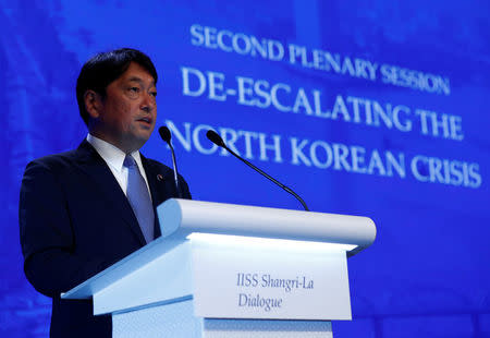 Japan's Defence Minister Itsunori Onodera speaks at the IISS Shangri-la Dialogue in Singapore June 2, 2018. REUTERS/Edgar Su