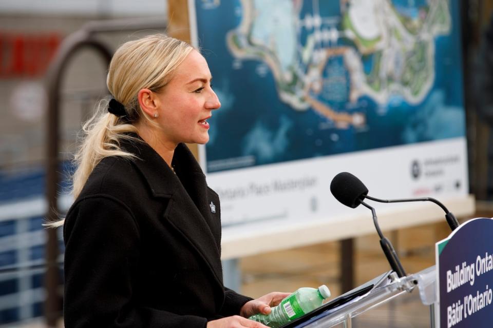 Ontario Infrastructure Minister Kinga Surma speaks at a news conference at Ontario Place in Toronto on April 18, 2023. 
