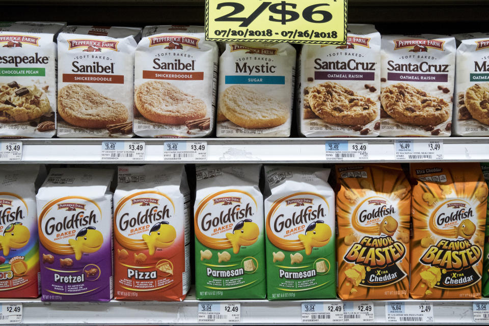 Pepperidge Farm Goldfish crackers and other items are displayed at a supermarket in Manhattan's East Village neighborhood, Tuesday, July 24, 2018. (AP Photo/Mary Altaffer)