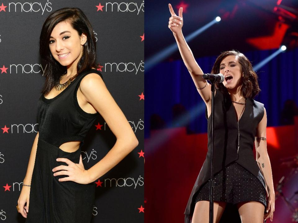 Left: Christina Grimmie attends Macy’s iHeartRadio rising star in-store performance on 16 May 2015 in Whitehall, Pennsylvania – Right: Christina Grimmie performs onstage at the 2015 iHeartRadio Music Festival at MGM Grand Garden Arena on 18 September 2015 in Las Vegas, Nevada (Left: Lisa Lake/Getty Images for iHeart Media – Right: Kevin Winter/Getty Images for iHeartMedia)