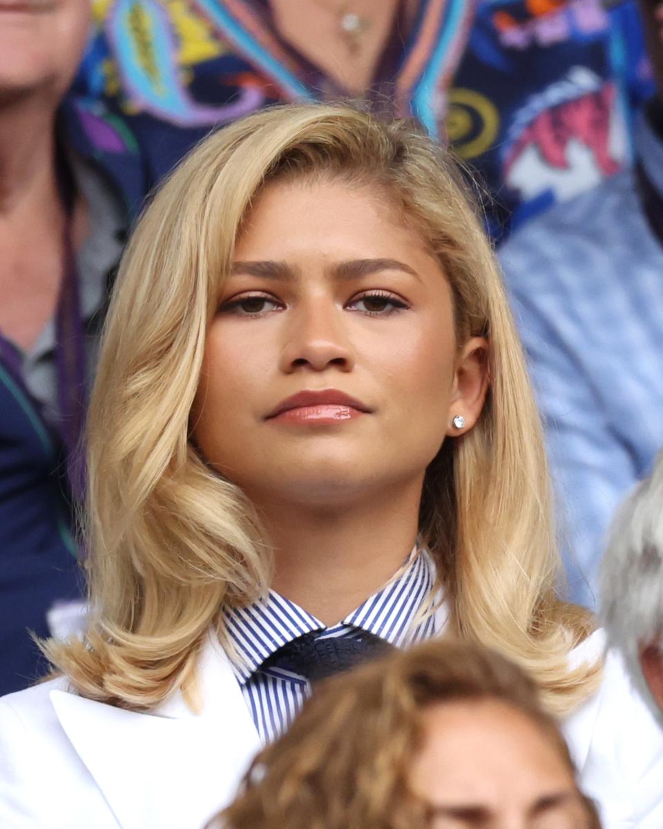 Zendaya looks on during the men's singles final between Novak Djokovic of Serbia and Carlos Alcaraz of Spain during day fourteen of The Championships Wimbledon 2024 at All England Lawn Tennis and Croquet Club on July 14, 2024 in London.
