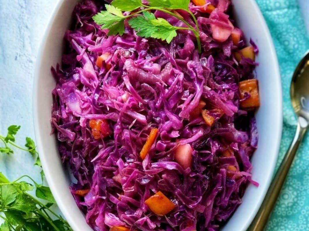 <p>Nkechi Ajaeroh</p><p>Super easy healthy braised red cabbage with apples, red onions and bell pepper is an incredibly delicious side dish! It's savory, sweet, a little sour, tangy, and wonderfully complements every main dish. This recipe is vegan, gluten-free, refined sugar-free, keto-friendly and packed with flavorful herbs and spices.</p><p><strong>Get the recipe: <a href="https://nkechiajaeroh.com/recipes/side-dish/healthy-braised-red-cabbage-with-apples/" rel="nofollow noopener" target="_blank" data-ylk="slk:Healthy Braised Red Cabbage with Apples;elm:context_link;itc:0;sec:content-canvas" class="link rapid-noclick-resp">Healthy Braised Red Cabbage with Apples</a></strong></p>