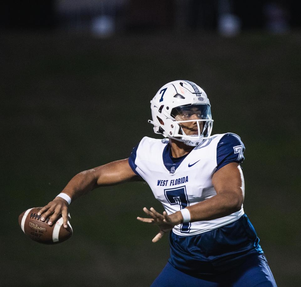 University of West Florida quarterback Peewee Jarrett (7) throws the ball at North Greenville University during the Argos' win on Saturday, Sept. 30, 2023, in Tigerville, South Carolina.