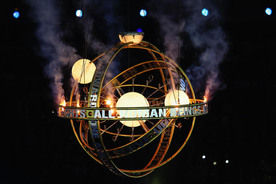 LONDON, ENGLAND - AUGUST 29: A sphere descends into the stadium during the Opening Ceremony of the London 2012 Paralympics at the Olympic Stadium on August 29, 2012 in London, England. (Photo by Hannah Johnston/Getty Images)