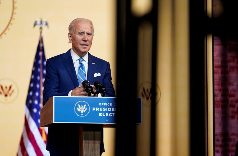 U.S. President-elect Joe Biden delivers pre-Thanksgiving speech at transition headquarters in Wilmington, Delaware