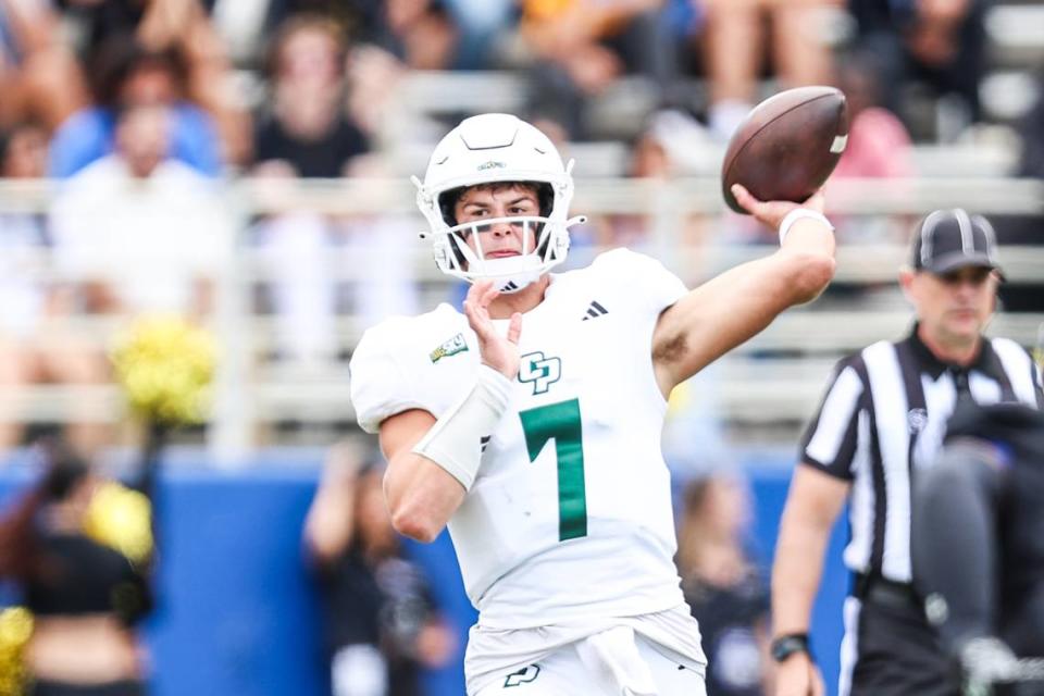 Cal Poly quarterback Sam Huard (7) throws a pass in the first half of Cal Poly’s 59-3 loss to San Jose State at CEFCU Stadium in San Jose on Sept. 9, 2023.