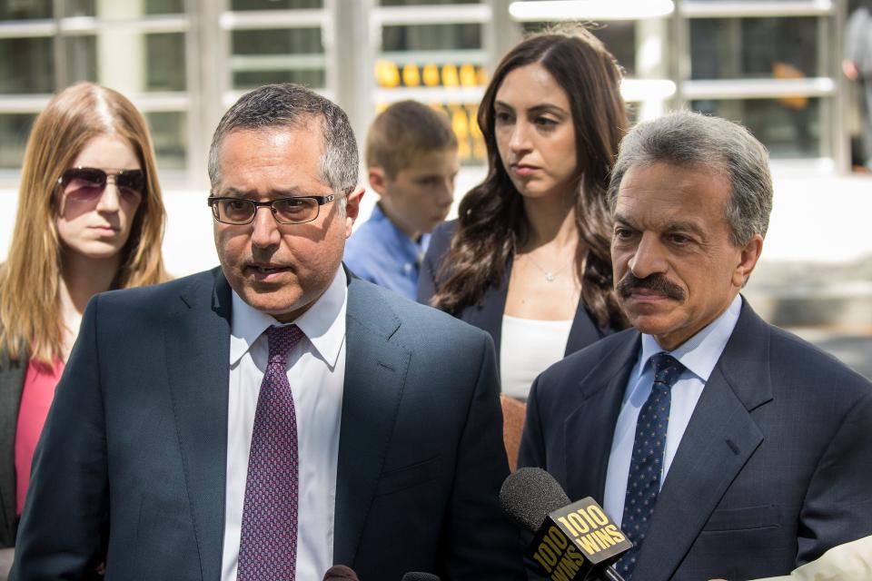 Mark Agnifilo and Paul DerOhannesian, attorneys representing Keith Raniere and Allison Mack, speak to reporters following a status conference where Raniere was again denied bail, at the U.S. District Court for the Eastern District of New York, June 12, 2018 in the Brooklyn borough of New York City.