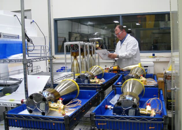 Matt Dawson, an engineer at Aerojet Rocketdyne’s facility in Redmond, Wash., processes a set of MR-80 rocket engines for NASA’s Perseverance rover mission. (Aerojet Rocketdyne Photo)