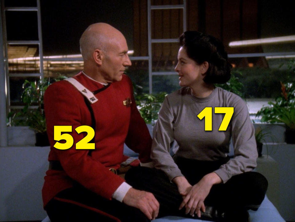 Patrick Stewart and J.C. Brandy looking at each other romantically in "Star Trek"