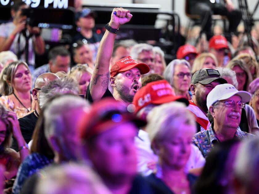 A fan raises his fist while listening to a speaker