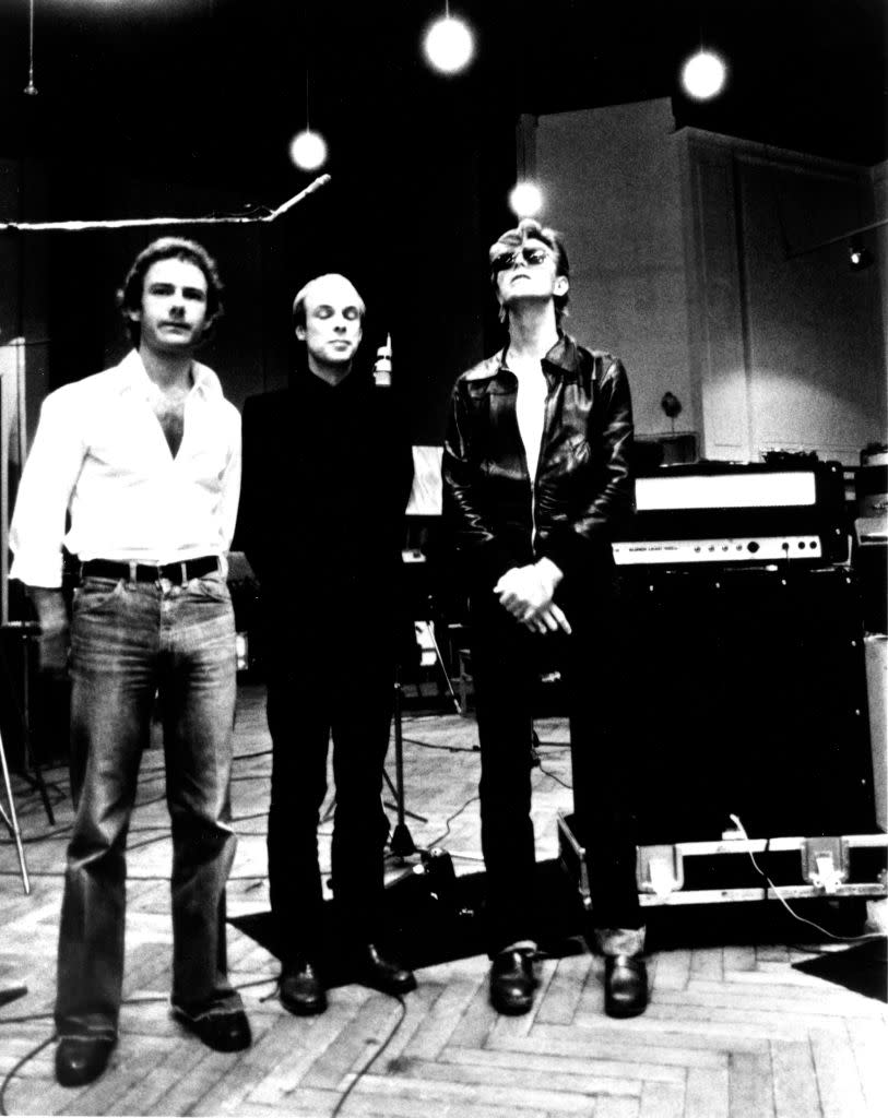 The white faces of Bowie’s Berlin years: Robert Fripp, Brian Eno, and David Bowie posing in the studio where “Heroes” was recorded in Berlin, Germany, 1977. (Credit: Michael Ochs Archives via Getty Images)