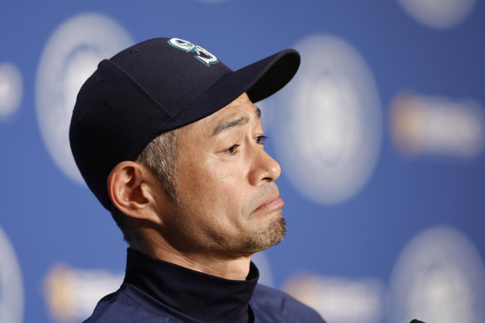 Former Seattle Mariners baseball player Ichiro Suzuki meets with the news media, Friday, Aug. 26, 2022, in Seattle the day before his induction into the Mariners' Hall of Fame. (AP Photo/John Froschauer)