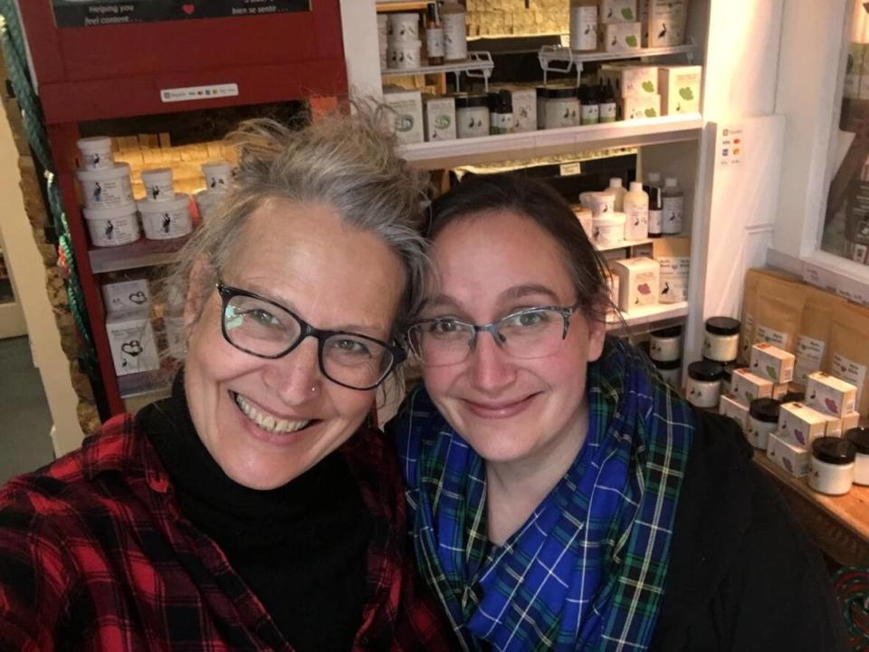 Leigh McFarlane and her daughter, Anna Muise. McFarlane had a fire at her soap-making business on the Eastern Shore earlier this year and can't make the charitable donations she normally would. She's asking the public to remember those groups this holiday season. (The Soap Company of Nova Scotia Ltd./Facebook - image credit)