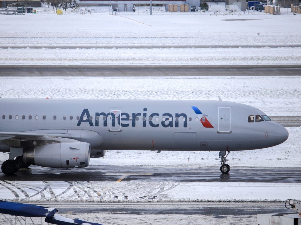American plane after landing on a snowy day.