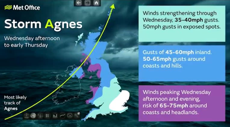 Storm Agnes path from Wednesday to Thursday (Met Office)