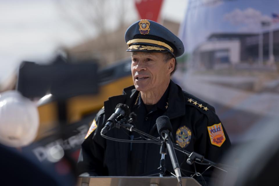 El Paso Police Chief Greg Allen speaks at the groundbreaking ceremony for the new police regional command center Wednesday morning at Pebble Hills Boulevard and Tim Foster Street.