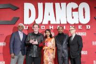 BERLIN, GERMANY - JANUARY 08: Samuel L. Jackson, Quentin Tarantino, Kerry Washington, Jamie Foxx and Christoph Waltz attend 'Django Unchained' Berlin Premiere at Cinestar Potsdamer Platz on January 8, 2013 in Berlin, Germany. (Photo by Sean Gallup/Getty Images for Sony Pictures)