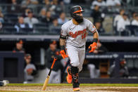 Baltimore Orioles' Rougned Odor watches his three-run home run against the New York Yankees during the seventh inning of a baseball game Tuesday, May 24, 2022, in New York. (AP Photo/Frank Franklin II)