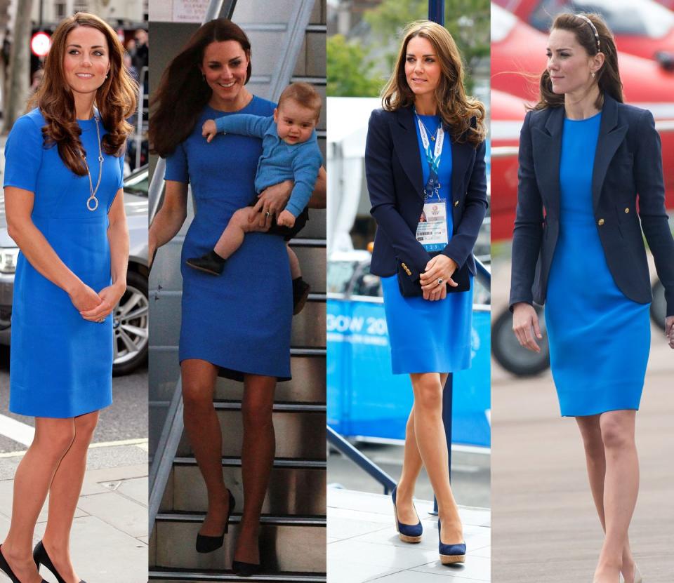 <p>Kate has worn this bright blue Stella McCartney short sleeve sheath four times: first in July 2012, then in April and July of 2014 and again in July 2016. </p>