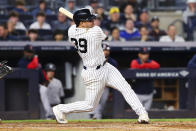 New York Yankees' Jose Trevino (39) hits an RBI single to score Oswaldo Cabrera during the fourth inning of a baseball game Sunday, Sept. 25, 2022, in New York. (AP Photo/Jessie Alcheh)