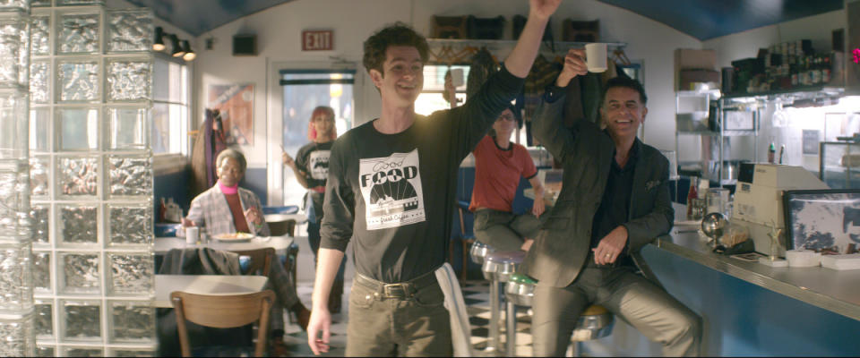 tick, tick...BOOM! (L-R) ANDREW GARFIELD as JONATHAN LARSON, BRIAN STOKES MITCHELL as SUNDAY LEGENDS in tick, tick...BOOM!.<p>Courtesy Of Netflix</p>