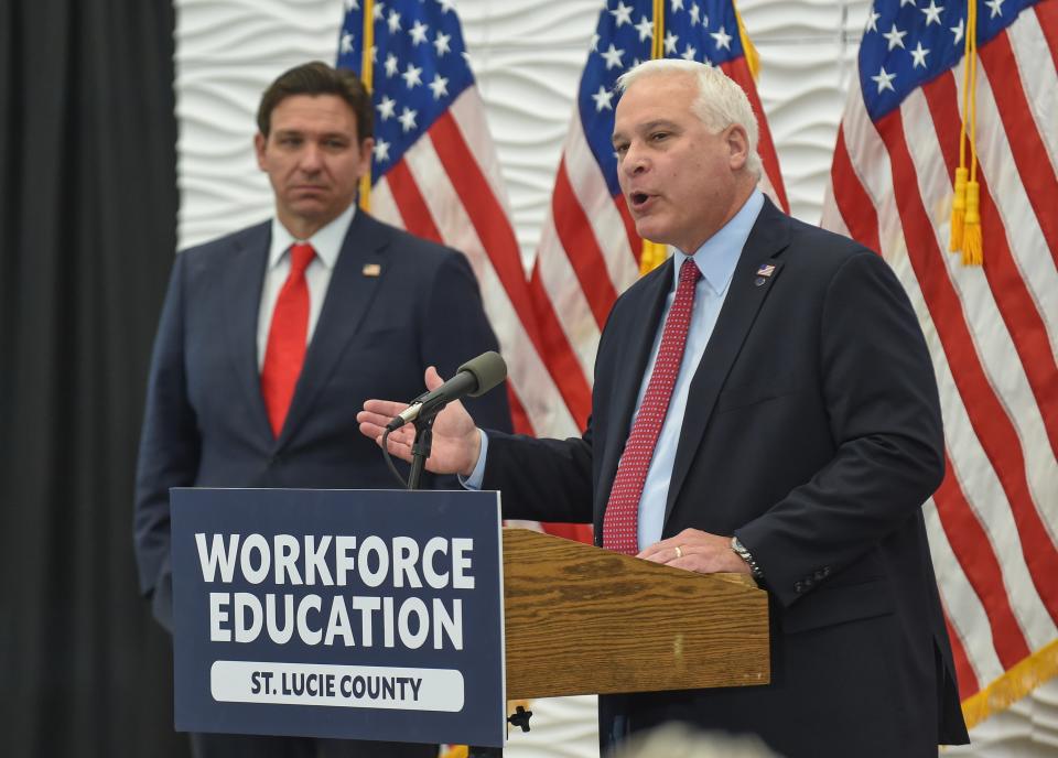 Indian River State College President Timothy Moore speaks after Gov. Ron DeSantis presented the college with a $4 million grant during DeSantis’ visit to the school's Eastman Advanced Workforce Training Complex on Wednesday, Feb. 7, 2024, in Fort Pierce. The money will go toward a new center for ballistics and emerging technology, and students will learn skills to make ballistic assault barriers, including bulletproof glass, walls and doors. "Our public safety community is extraordinarily important to our ability to live between sanity and insanity, so this grant will help take technology off the shelf, put it to use, help those that help protect us." Moore said.