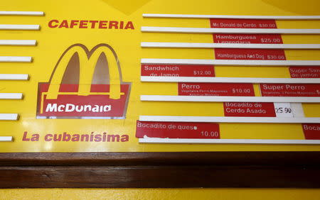 A menu is seen at the private cafeteria "Mcdunald" in Villa Clara province, Cuba, November 14, 2015. REUTERS/Enrique de la Osa